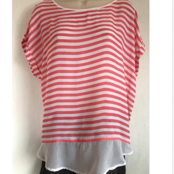 a.n.a Tops - Semi-Sheer Shirt Large Short Sleeve Coral Striped